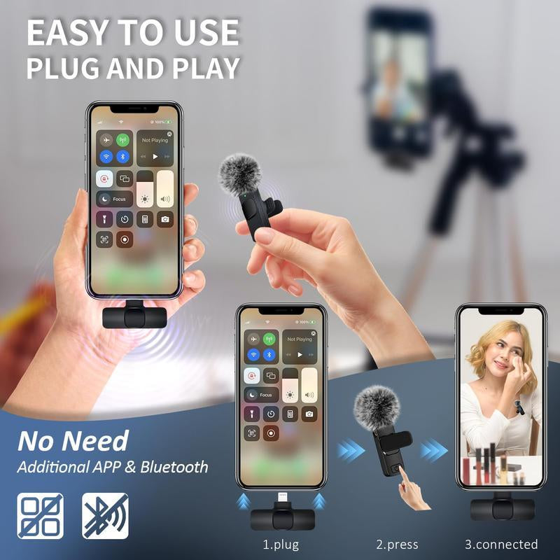 2 Pcs Wireless Lavalier Microphones for Iphone, Android, Ipad - Mini Wireless Clip-On Microphones Crystal Clear Sound Quality for Recording, Live Streaming,Vlog High Quality Audio